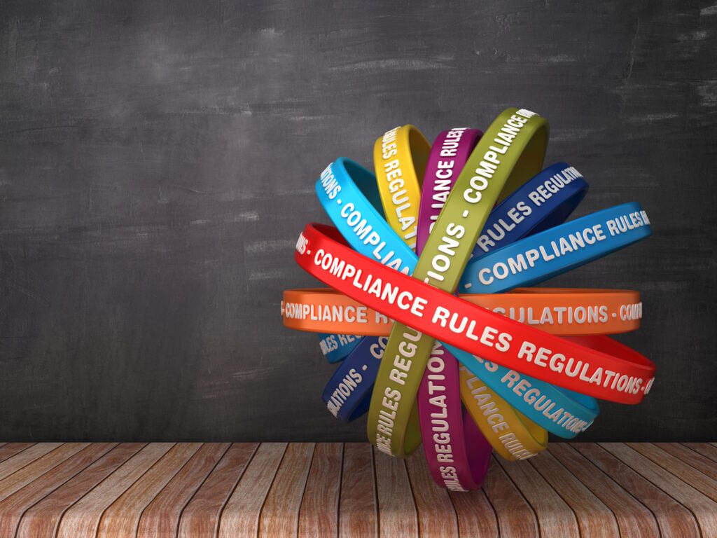Circular Ribbons with COMPLIANCE RULES REGULATIONS Words - 3D Rendering