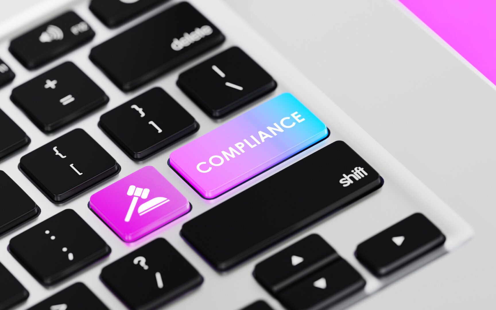 High quality 3d render of a modern keyboard with pink compliance button on pink background and copy space. Horizontal composition with copy space.